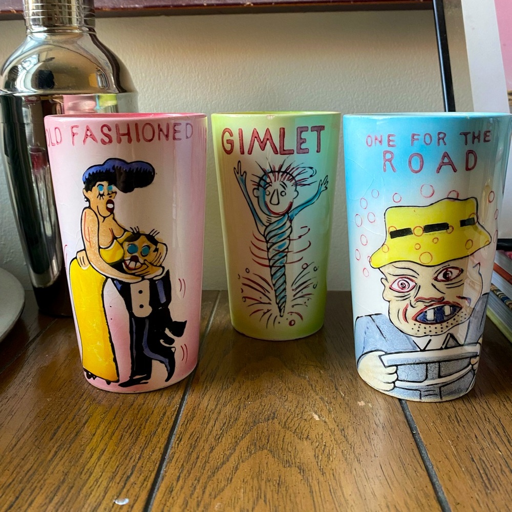 Vintage Bradley Cocktail Characters Set Of 3 Cups 1962 Old Fashioned Gimlet